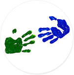 Green and blue handprints reaching toward each other